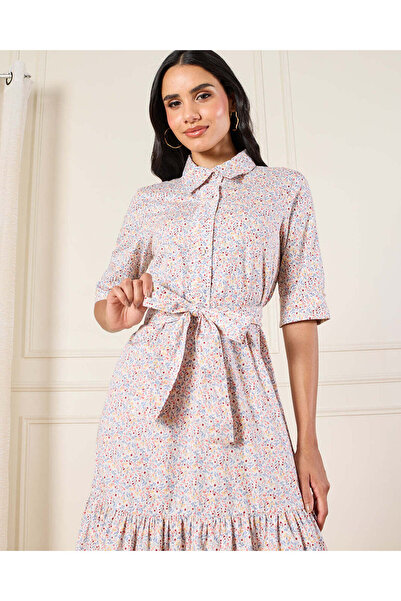 REDTAG Women White Ditsy Floral Maxi Shirt Dress