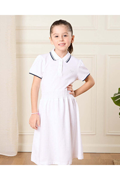 REDTAG Girls White Embellished Pique Polo Dress
