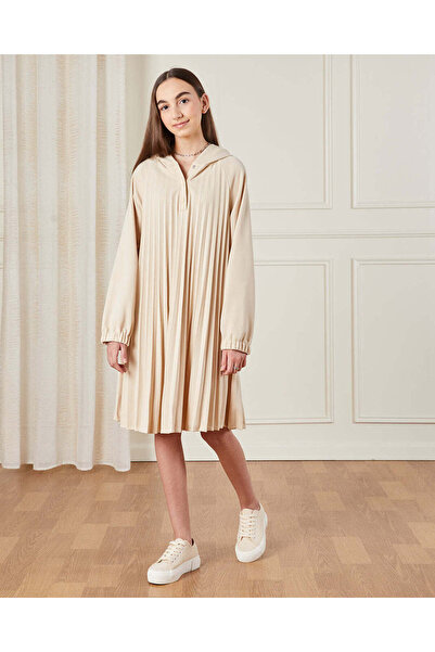 REDTAG Senior Girls Beige Hooded Pleated Dress