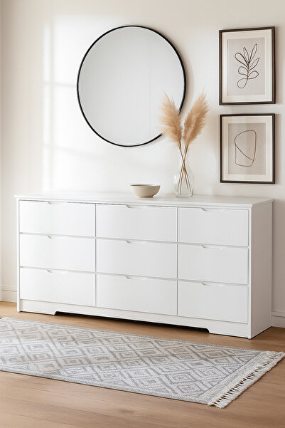 MARIA HOMES خزانة أدراج خشبية بيضاء مقاس 160×48×80 سم - خزانة ملابس عصرية بـ 9 أدراج لغرفة النوم وغرفة المعيشة والمكتب