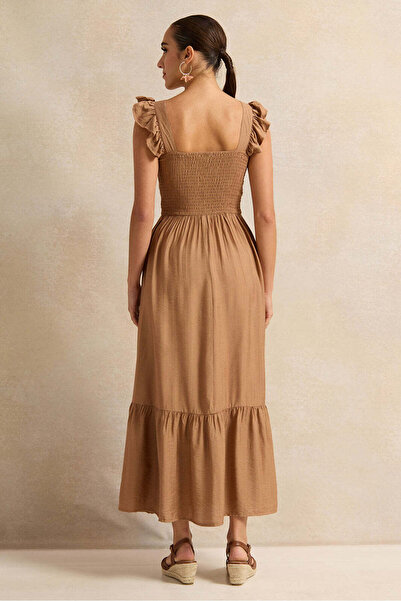 REDTAG Women Brown Square Neck Tiered Dress