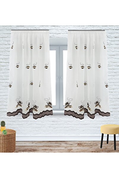 OEM Set of 2 kitchen curtains, 2x140x165 cm, with pleats, coffee cups, with border, white/brown