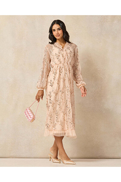 REDTAG Women Apricot Sequin Embellished Mesh Dress