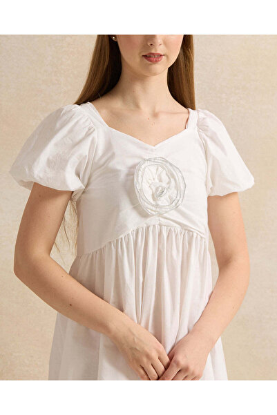 REDTAG Senior Girls White Poplin Embellished Dress