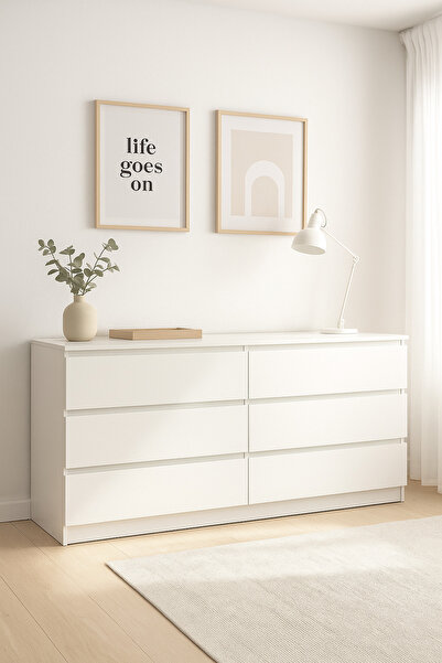 MARIA HOMES خزانة أدراج خشبية بيضاء مقاس 160×48×79 سم - خزانة ملابس عصرية بستة أدراج لغرفة النوم وغرفة المعيشة والمكتب