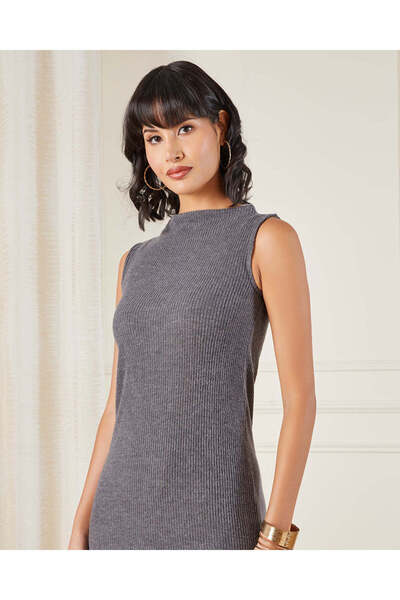 REDTAG Women Grey Ribbed Midi Dress