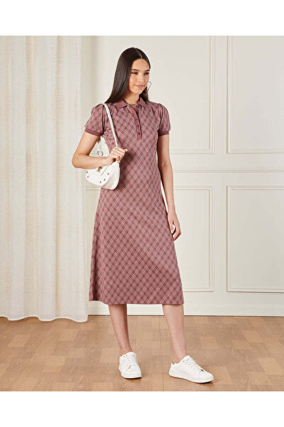 REDTAG Women Brown Checked Short Sleeve Dress