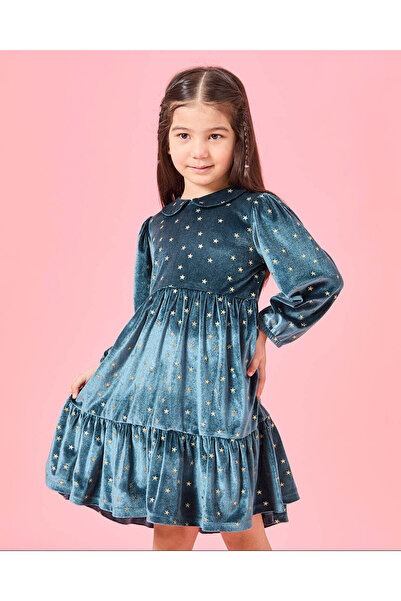 REDTAG Girls Green Velour Star Print Dress