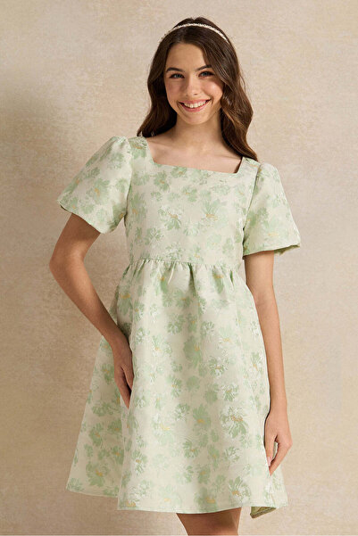 REDTAG Senior Girls Green Floral Jacquard Dress