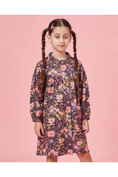 REDTAG فستان بني مطبوع بياقة للبنات