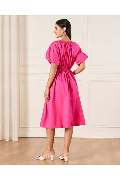 REDTAG Women Fuchsia Volume Sleeve Poplin Dress