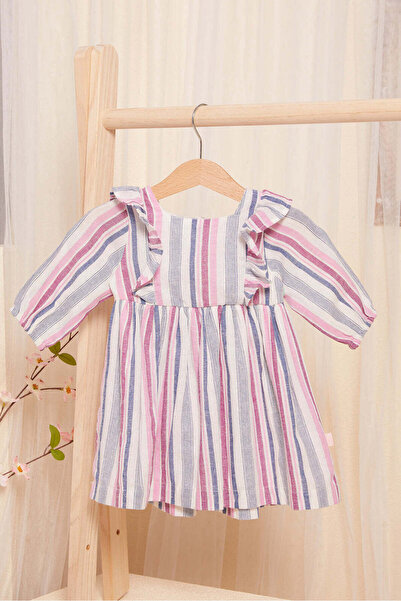 REDTAG Infant Girls Lilac Striped Woven Dress