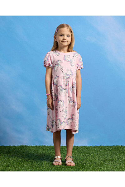 REDTAG Girls Pink Pony Printed Balloon Sleeve Knit Dress