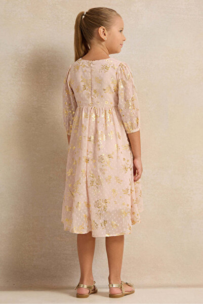 REDTAG Girls Orange Dobby High Low Dress With Foil Print