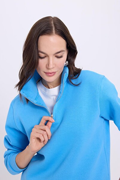Tudors Γυναικείο φούτερ με μισό φερμουάρ, μπλε γιακά, από βαμβακερό φλις, άνετο και χαλαρό