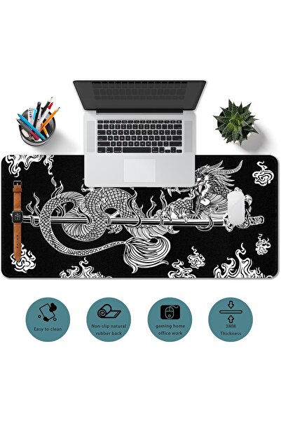KASTWAVE Large XL Gaming Mouse Pad (31.5x11.8 in) Black Japanese Dragon Design, Non-Slip Stitched Edge