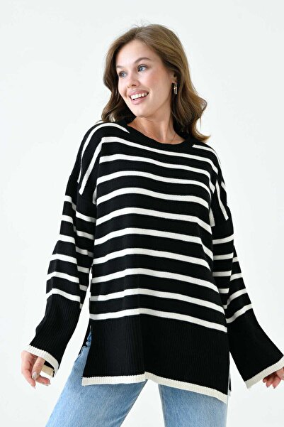 ASEZ BUTİK Long Sleeve Crew Neck Striped Black Oversized Knitwear Sweater