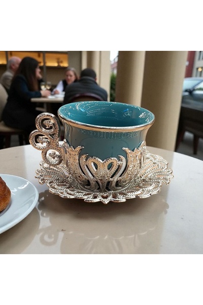 Bakır Center Porselen Fincan Takımı Bakır Nikel Kaplamalı Kalp Çiçek Desenli 2 Kişilik Bakır Fincan Takımı