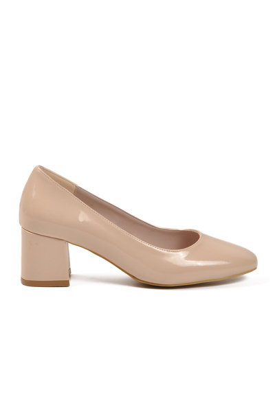 AYAKMOD Beige Patent Leather Thick Heeled Women's Evening Dress Shoes 695042 Z