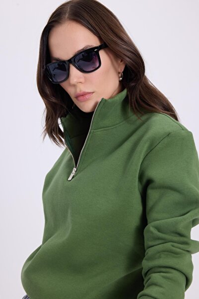 Tudors Women's relax fit comfortable cut cotton fleece-lined half-zip green d Mock Neck sweatshirt