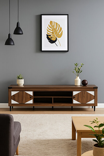 MARIA HOMES Walnut & White Wooden TV Stand 180×40×55 cm – Modern TV Unit with Storage Cabinets and Open Shelves
