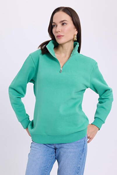 Tudors Women's Relax Fit Comfortable Cut Cotton Fleece Inside Half Zipper Green D Mock Neck Sweatshirt