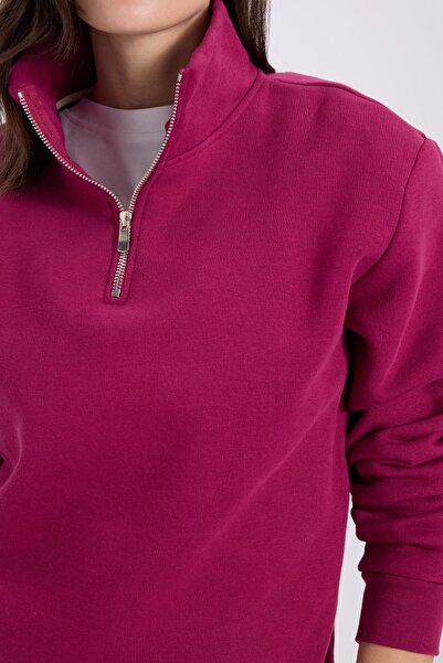 Tudors Γυναικείο φούτερ Relax Fit Άνετο Βαμβακερό Φλις με μισό φερμουάρ Φούξια D ψηλός λαιμός