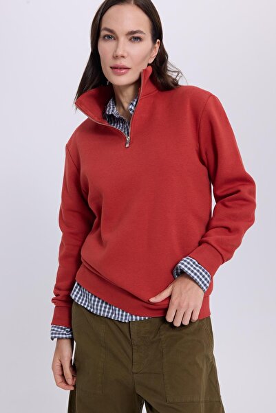Tudors Women's relax fit comfortable cut cotton fleece-lined half-zip red d Mock Neck sweatshirt