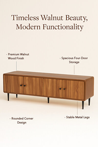 MARIA HOMES Walnut Wooden TV Stand 180×40×54 cm – Modern 4-Door TV Unit with Black Metal Legs for Living Room