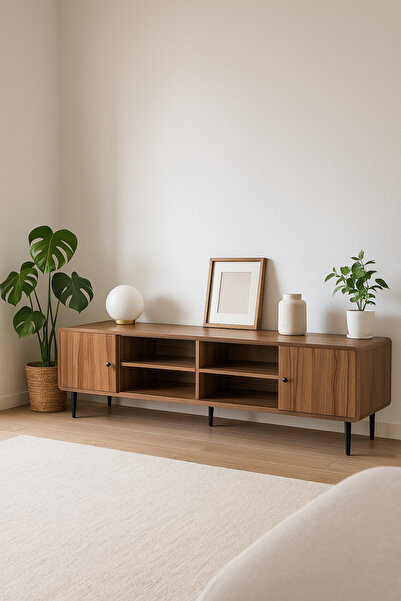 MARIA HOMES Walnut Wooden TV Stand 180×40×54 cm – Modern TV Unit with Open Shelves and Side Cabinets for Living