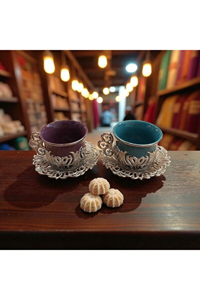 Bakır Center Porselen Fincan Takımı Bakır Nikel Kaplamalı Kalp Çiçek Desenli 2 Kişilik Bakır Fincan Takımı