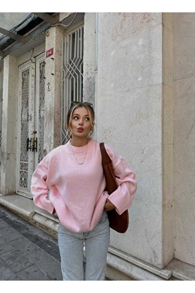 LUVON Pembe Bisiklet Yaka Oversize Kadın Triko Kazak