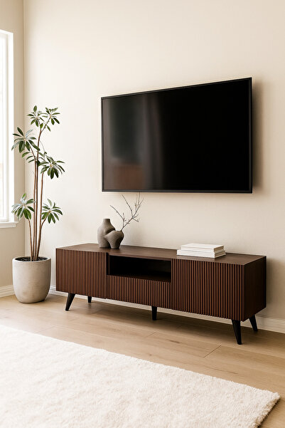 MARIA HOMES Brown Wooden TV Stand 160×40×55 cm – Modern Ribbed Design TV Unit with Storage Cabinets and