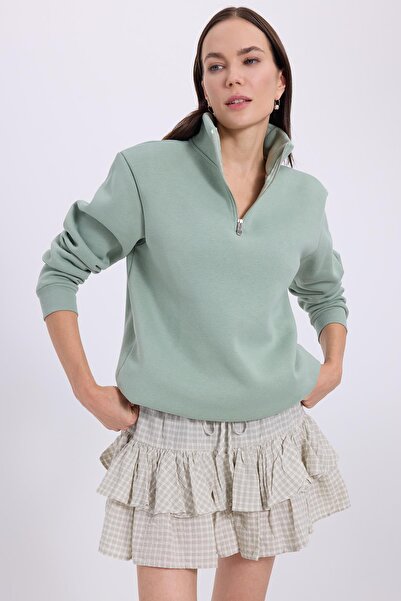 Tudors Women's relax fit comfortable cut cotton fleece-lined half-zip green d Mock Neck sweatshirt