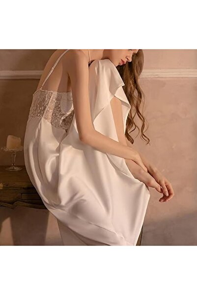 Margoun Women's Satin Nightdress Lace Long Sling Pyjamas Summer Robe Dress White - MG2003