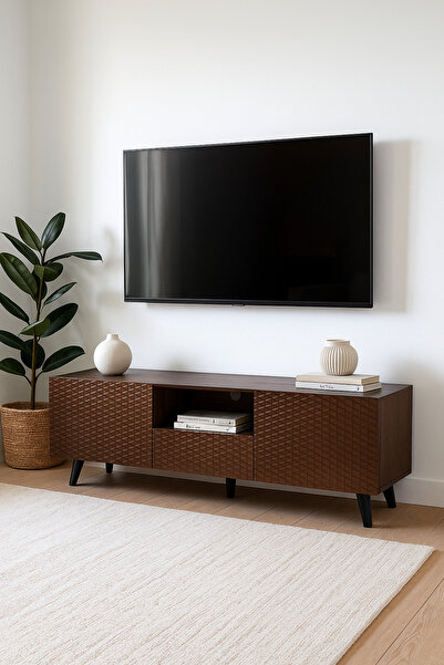 MARIA HOMES Brown Wooden TV Stand 160×40×61 cm – Modern Textured Design TV Unit with Storage Cabinets