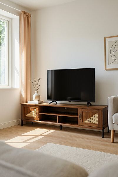 MARIA HOMES Walnut Wooden TV Stand 180×40×56 cm – Modern Rattan Door TV Unit with Open Shelves and Black