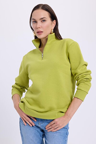 Tudors Women's relax fit comfortable cut cotton fleece-lined half-zip green d Mock Neck sweatshirt