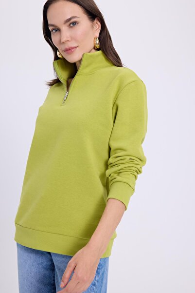 Tudors Women's relax fit comfortable cut cotton fleece-lined half-zip green d Mock Neck sweatshirt