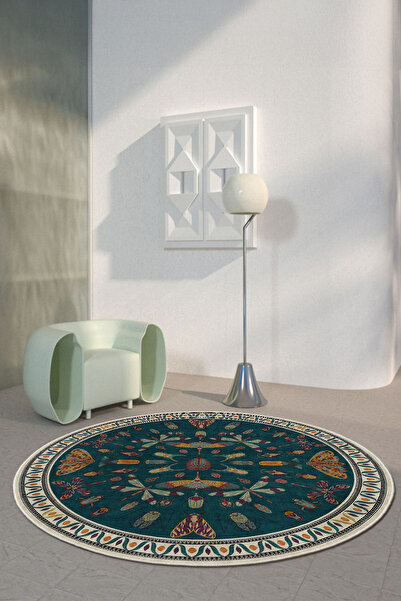 Ela Home Bohem Böcek Desenli Yuvarlak Halı | Petrol Yeşili, Yıkanabilir, Kaym...