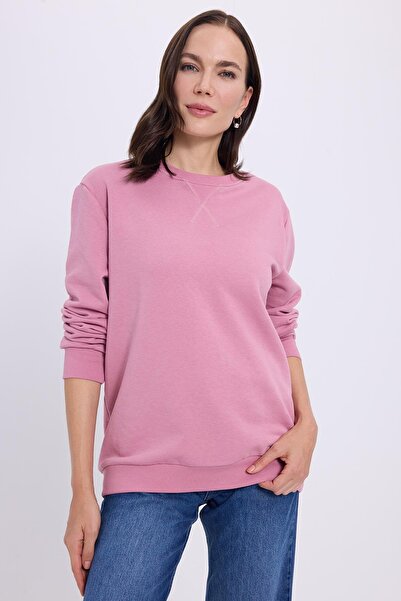 Tudors Women's Oversized Wide Cut 100% Cotton Basic Lilac Crew Neck Sweatshirt