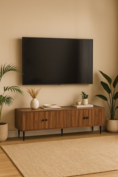 MARIA HOMES Walnut Wooden TV Stand 180×40×54 cm – Modern 4-Door TV Unit with Black Metal Legs for Living Room