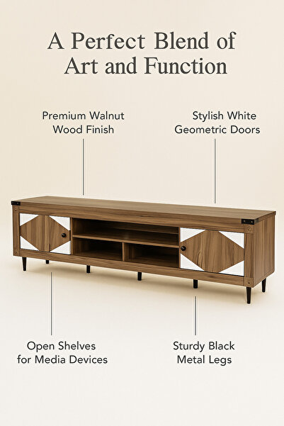MARIA HOMES Walnut & White Wooden TV Stand 180×40×55 cm – Modern TV Unit with Storage Cabinets and Open Shelves