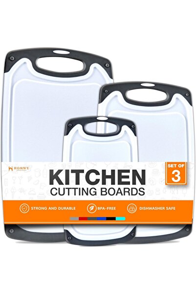 HOMWE Kitchen Cutting Board Set of 3 - Juice Grooves, Easy-Grip Handles, Non-...