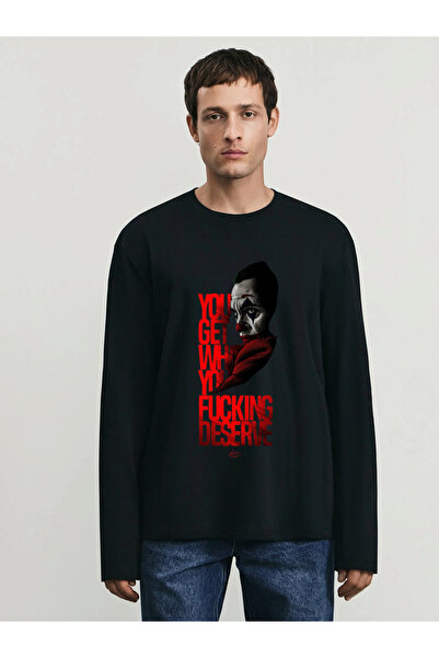 ELNOYA Unisex Siyah Oversize 2 İplik "Joker" Baskılı Basic Bisiklet Yaka Rahat Sweatshirt