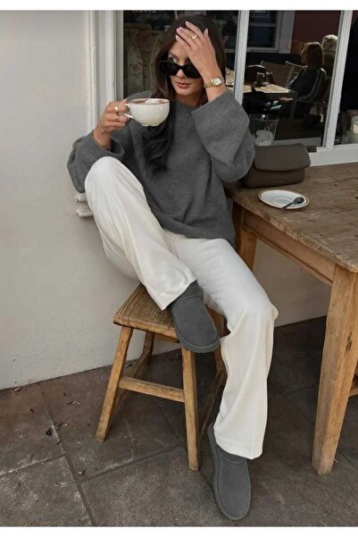 LUVON Antrasit Bisiklet Yaka Oversize Kadın Triko Kazak