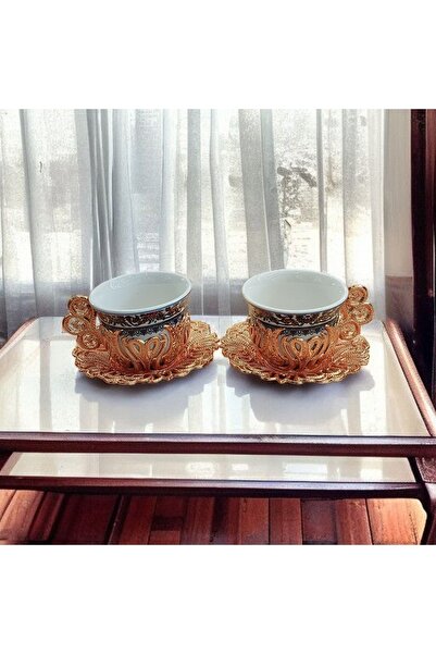 Bakır Center Porselen Fincan Takımı Bakır Nikel Kaplamalı Kalp Çiçek Desenli 2 Kişilik Bakır Fincan Takımı