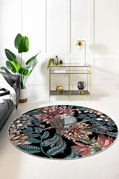 Ela Home Makinede Yıkanabilir Kaymaz Taban Yuvarlak Salon Halısı - Bej Su Yeş...