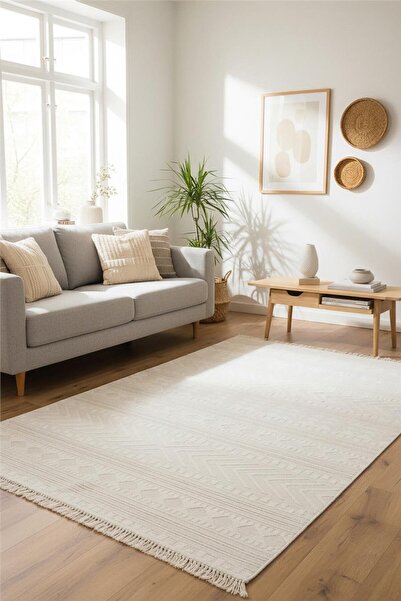 Çağ Halı Bej Yumuşak Dokulu Kilim Desen İskandinav Halı