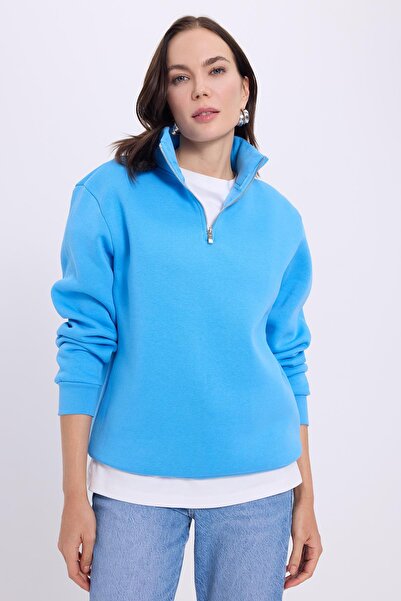 Tudors Γυναικείο φούτερ με μισό φερμουάρ, μπλε γιακά, από βαμβακερό φλις, άνετο και χαλαρό